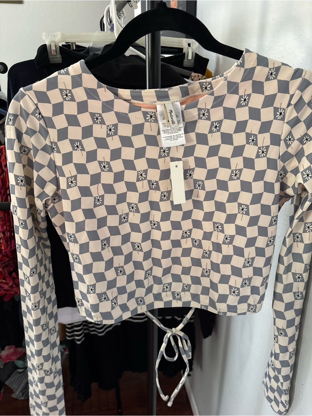 Madewell Beige and Gray Checkerboard Floral Long-Sleeve Rash Guard.